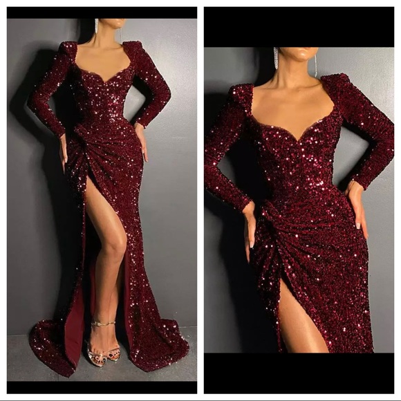 Sequin Maxi Dress Elegant Long Sleeve Dresses Burgundy Hem Slit , Great for Prom - Picture 5 of 5